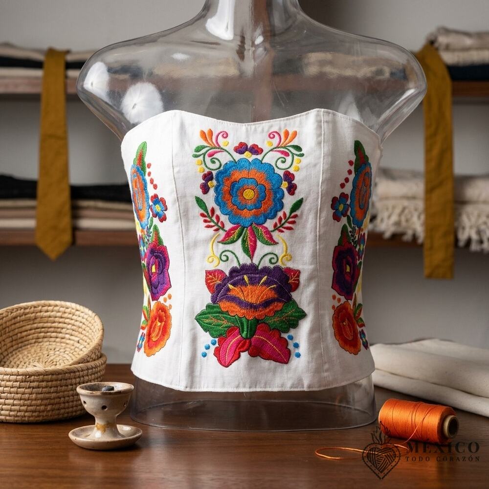 Mexican Embroidered Cotton Manta Corset Top  Handmade Floral Artisan Blouse S M